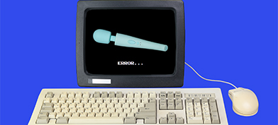 A keyboard and mouse sit in front of a computer screen showing a wand vibrator.