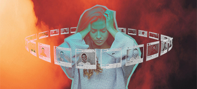 A woman with PTSD stands with her hands against her head, pictures surrounding her.