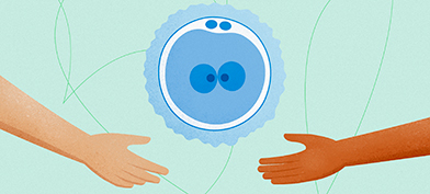 A hand gives an egg donation to another hand.