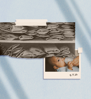 A picture of breast milk supply on a shelf is taped next to a picture of a baby drinking breast milk.