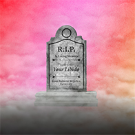A tombstone for your libido is placed against a multicolor cloudy background with white clouds beneath it.