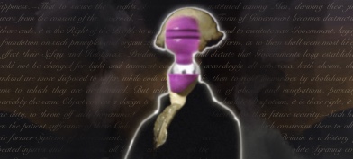 The bust of George Washington with a vibrator in place of his face sits against the Declaration of Independence.