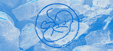 A drawn outline of a baby in a uterus is on top of a light and dark blue background.