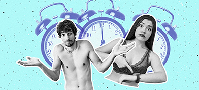 A man shrugs as a woman points to her wrist about the time with three alarm clocks behind them.