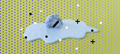 A roman statue head melts into a puddle against a green background and a pattern of purple dots.