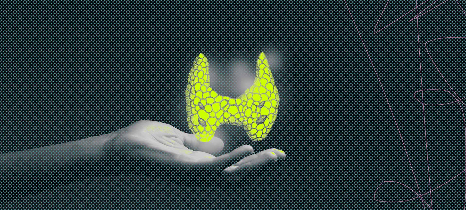 A yellow glowing thyroid gland hovers above an open hand as a dotted overly covers the whole image.