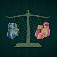 A double pan scale has blue boxing gloves hanging on the left and pink on the right.