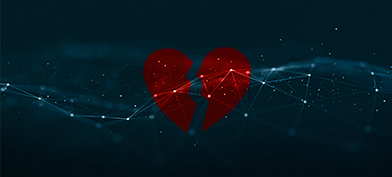 A red heart breaks against a constellation in a dark starry sky.
