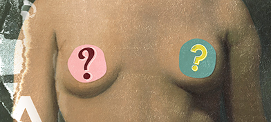 A painting showing the bust of a woman has two question marks over the breasts.