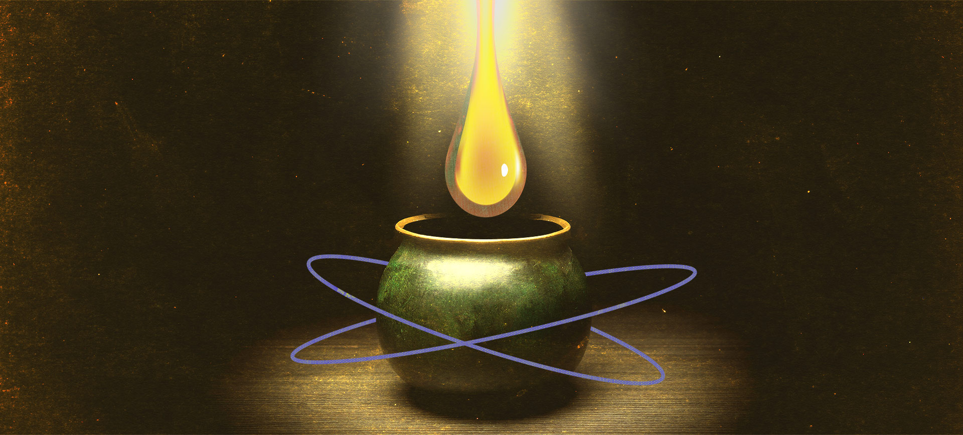 A glowing, golden drop of oil falls into a blue pot surrounded by darkness.