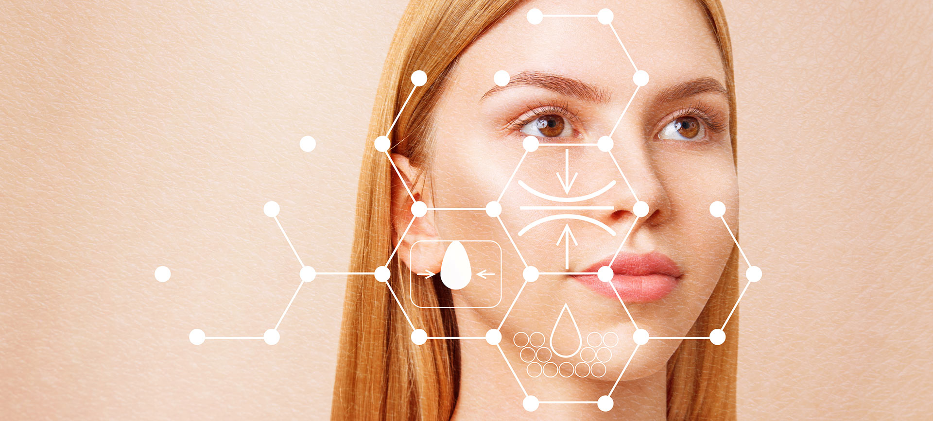 The face of a woman looks slightly to the right and interconnected hexagons dot the forefront.