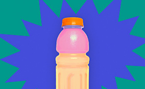 A sports drink is layered over a jagged blue shape and a green background.