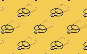 Identical stethoscope images cover a yellow background. 