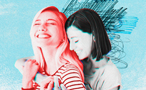 Two-women-hug-with-lines-behind-ones-head