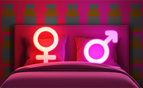 Neon lights in the shape of male and female glyphs are sitting in bed with a background pattern of pill bottles.