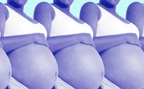 A purple image of a pregnant person holding their stomach is repeated in a row against a blue background.