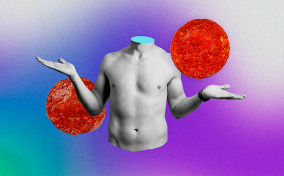 A shirtless man's torso shrugs in front of two pepperonis and a colorful background.