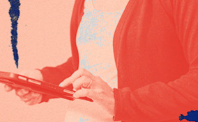 A woman uses her tablet to contact a telehealth provider for her abortion medication.