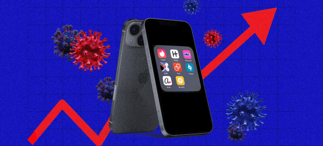 A cellphone with dating apps sits atop a chart of rising STI rates.
