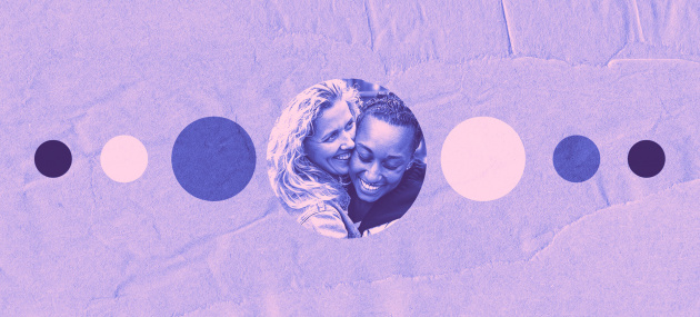 Seven circles sit against a purple background with two woman hugging and smiling in the center circle.
