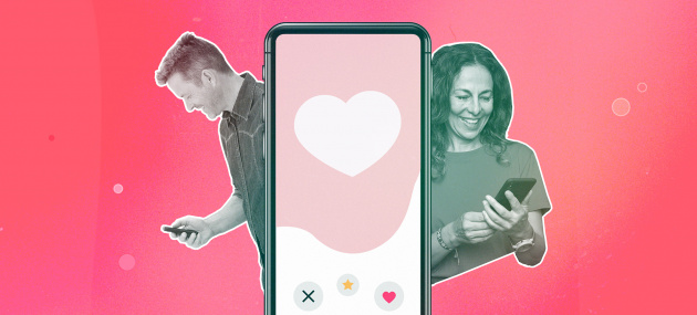 A woman over 40 uses her cellphone layered behind a larger cellphone and a man on the other side.
