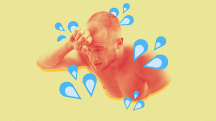 A man leans against his arm in distress after ejaculation as blue water splashes from his red body against a yellow background.